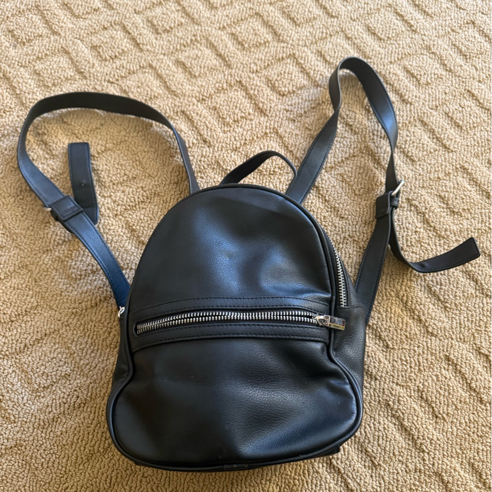 Mini Black Backpack, Faux Leather with Silver Hardware